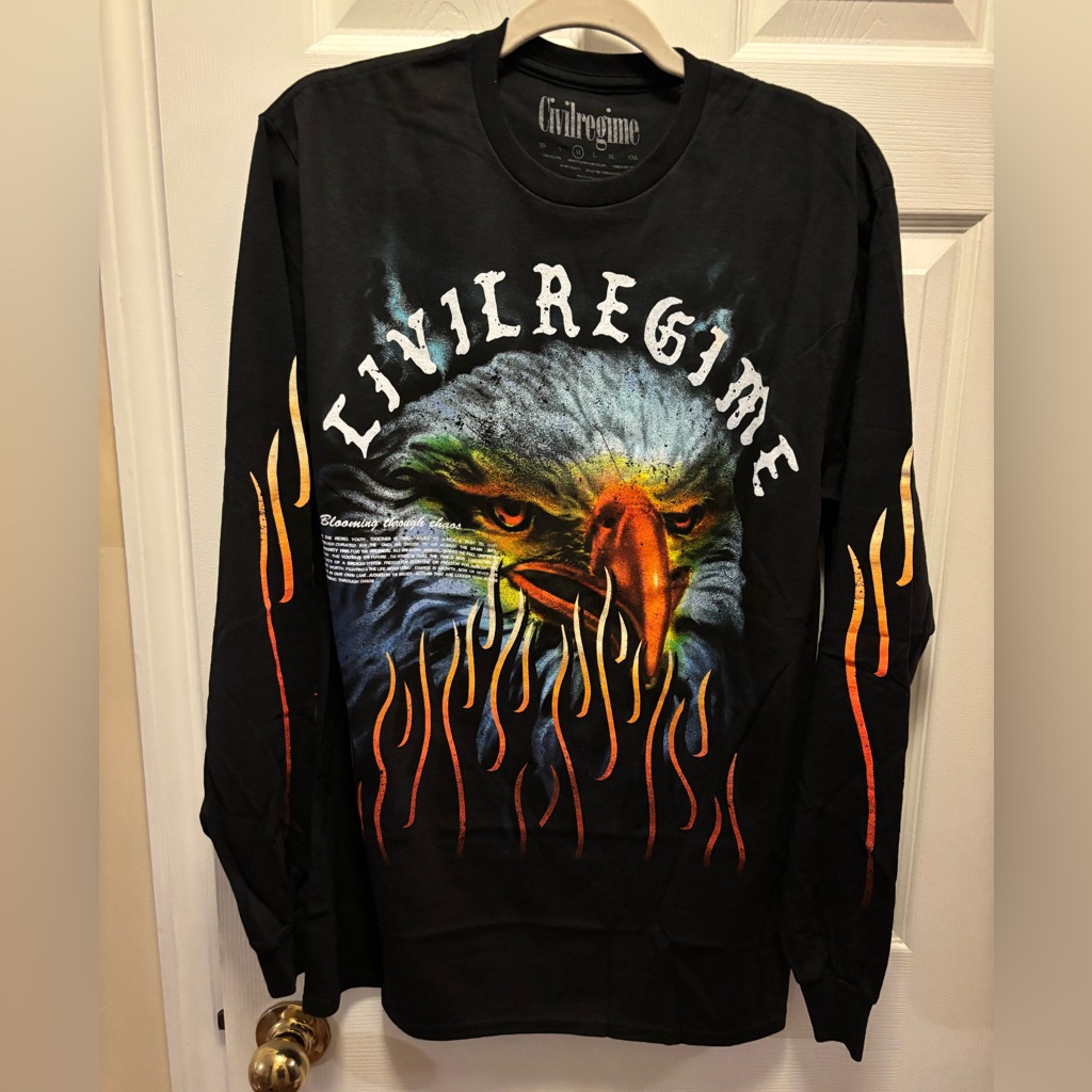 Civil Regime Black Long Sleeve Shirt With Eagle And Flames Size Men’s Med Bnwt
